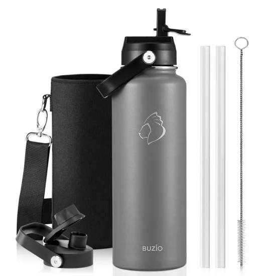Buzio Duet Series Water Bottle with 2 Lids and Sleeve 1.2L - Grey